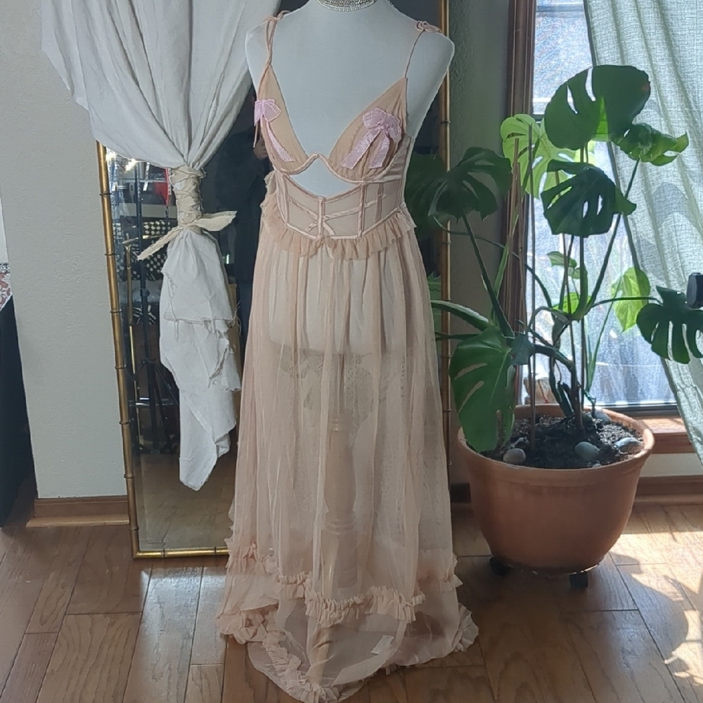 For Love and Lemons Elegant Pink and Cream Lingerie Maxi Dress Lace layering